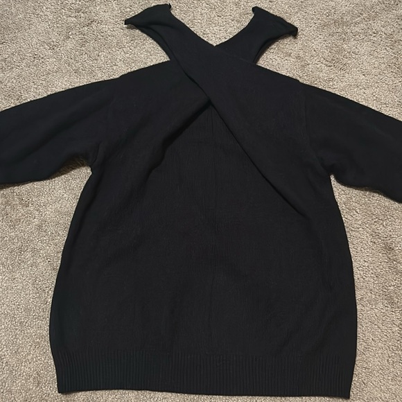 Black, Casual Off The Shoulder. Crossed V-Neck Long Sleeve Crop Halter Sweater. - Picture 2 of 5